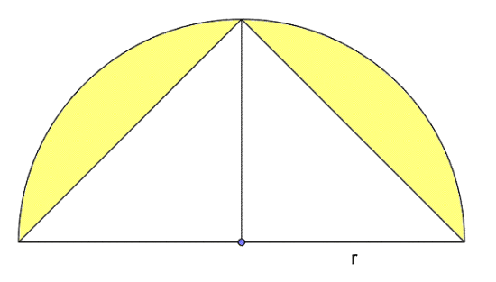 Figuren viser en halvsirkel med radius r. Diameteren i sirkelen er grunnlinjen i en trekant med høyde lik halvsirkelens radius, og med alle tre hjørner på sirkelbuen. Det området av halvsirkelen som ikke dekkes av trekanten er farget gult. Hva er arealet av det gule området?